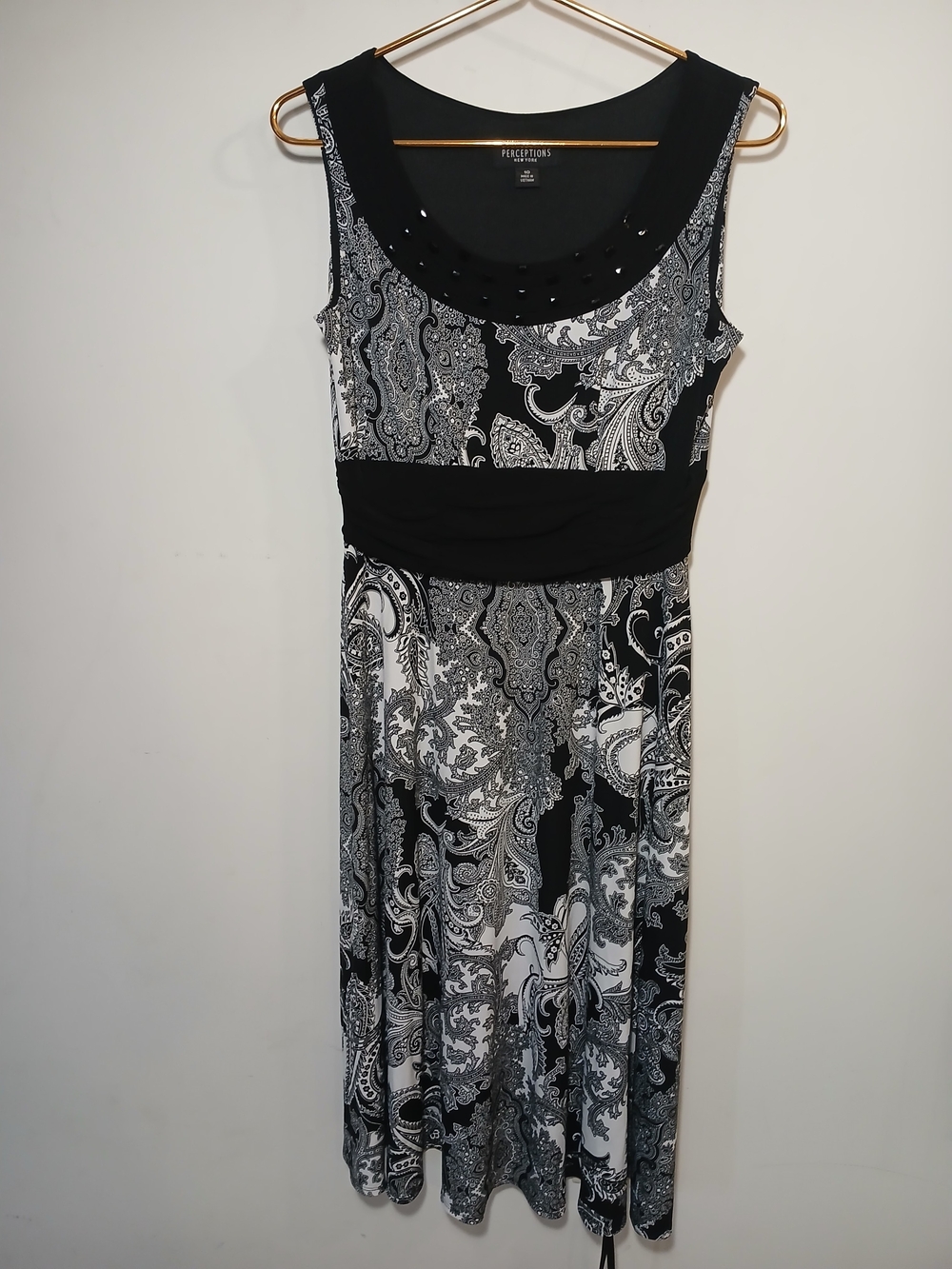 Perceptions Black & White Paisley Scoop-Neck Midi Dress with Bead Detail